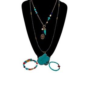 Boho Chic Faux Turquoise Statement Necklace & Bracelet Set